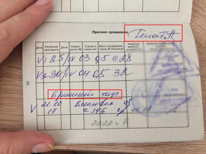 Перечень сделанных прививок