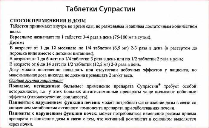 Инструкция по применению таблеток Супрастин.