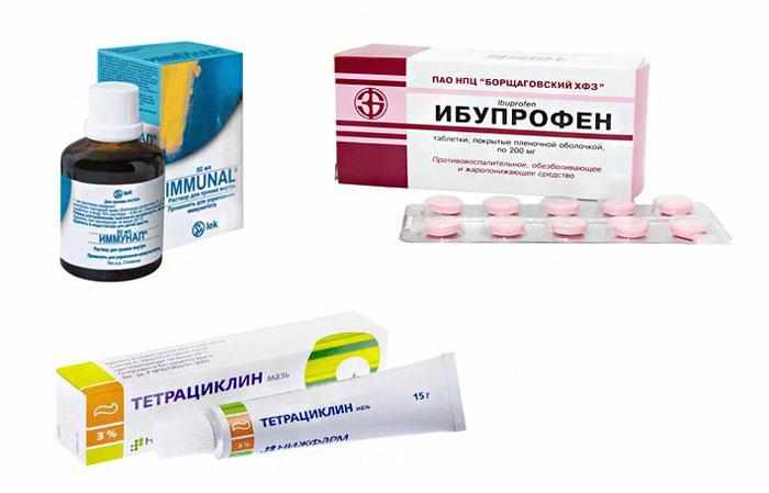 Препараты Иммунал, Тетрациклиновая мазь и Ибупрофен.